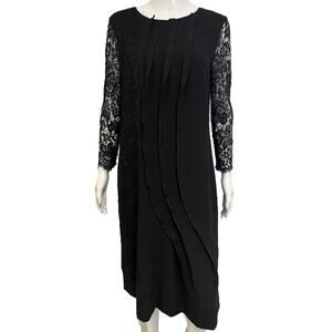 OSCAR DE LA RENTA Black Wool Trim Floral Lace Long Sleeve Midi Dress Size 12